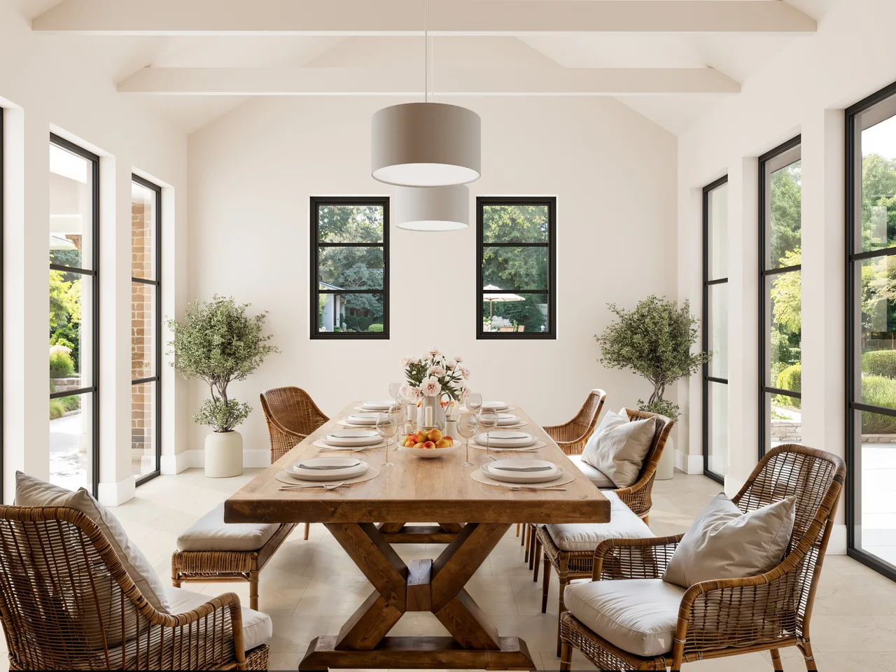 Dining room with black slim aluminium windows on three sides and a long timber table