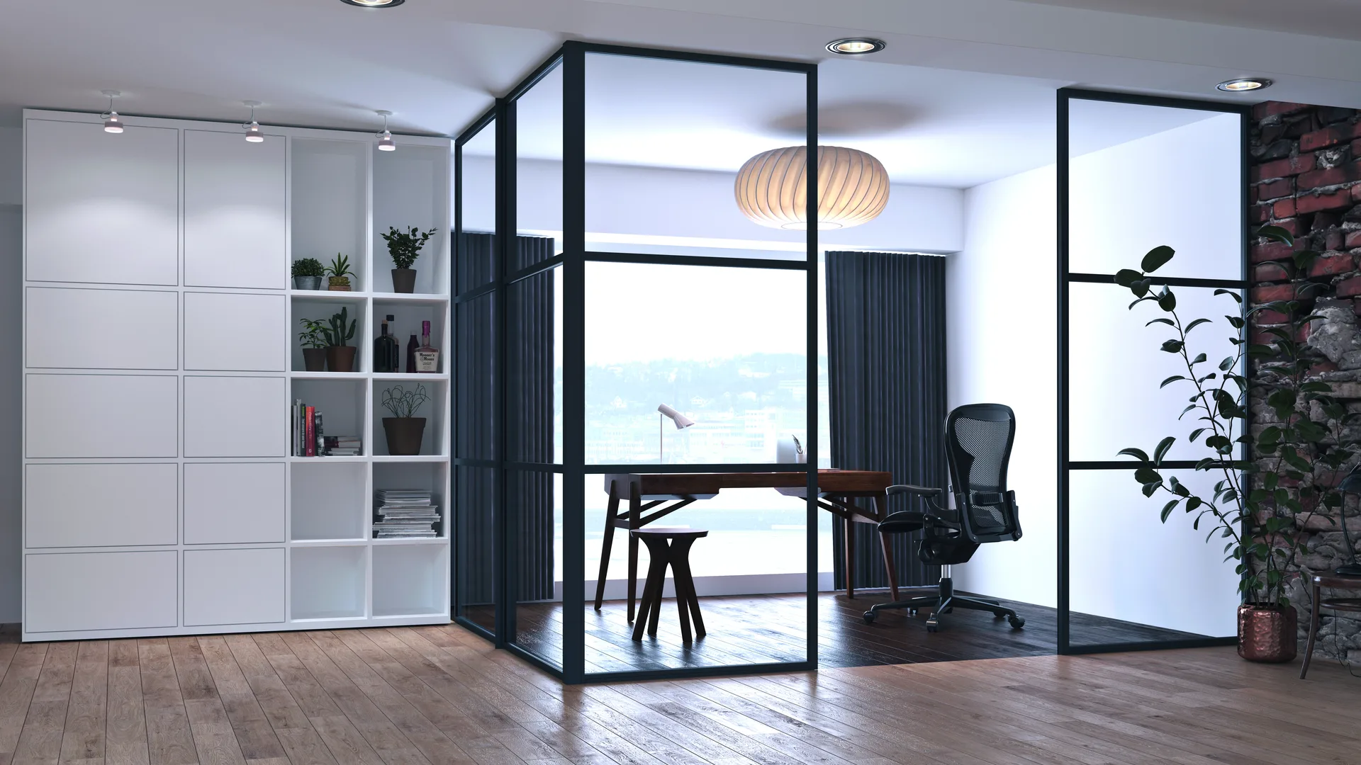 Black slim-framed aluminium glazed screens enclosing a home office within an open-plan room