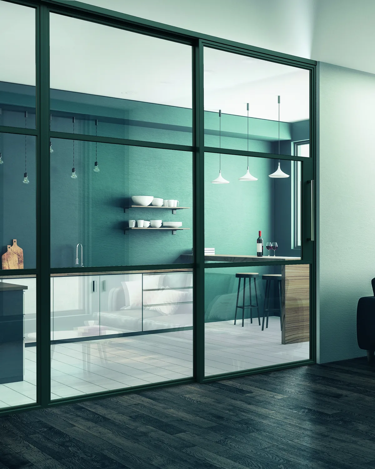 Dark slim-framed aluminium glazed sliding partition separating a kitchen from a living room