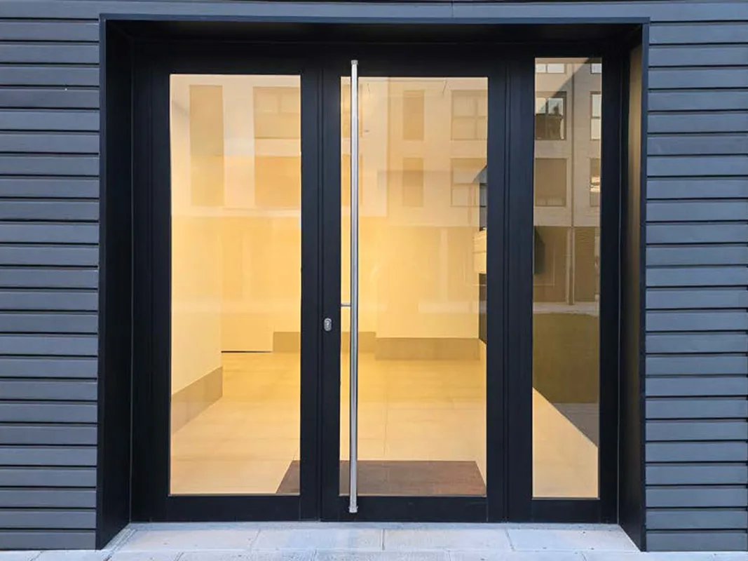 Black aluminium glazed entrance door with a full-height pull handle and sidelights in a grey clad wall