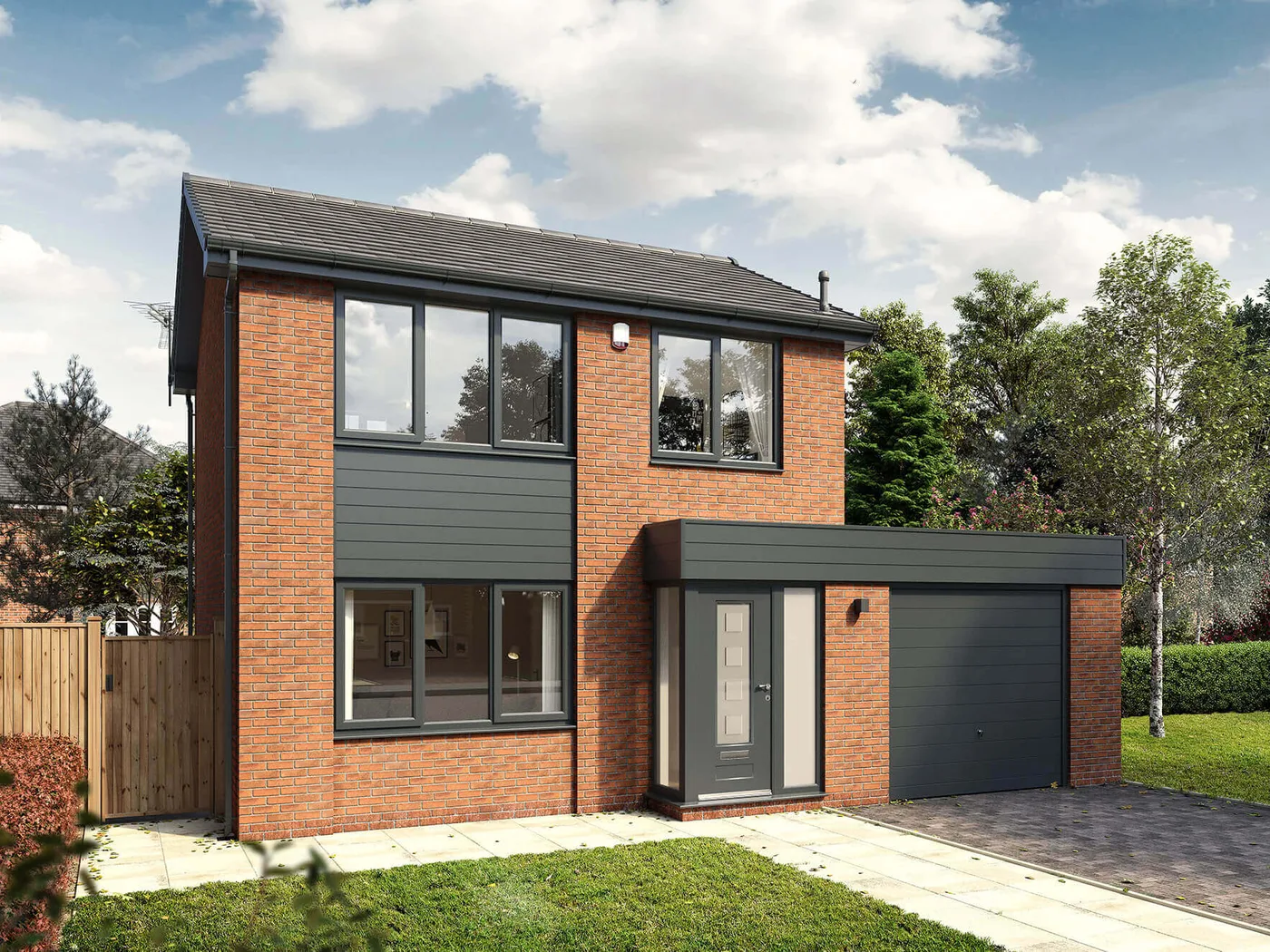 Detached red brick house with dark grey fascias, guttering, cladding panels and window frames