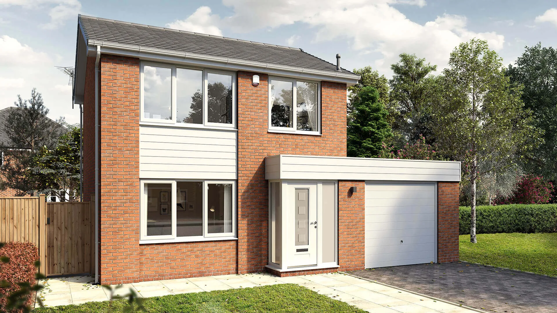 Detached red brick house with white fascias, soffits and guttering, plus white cladding and window frames