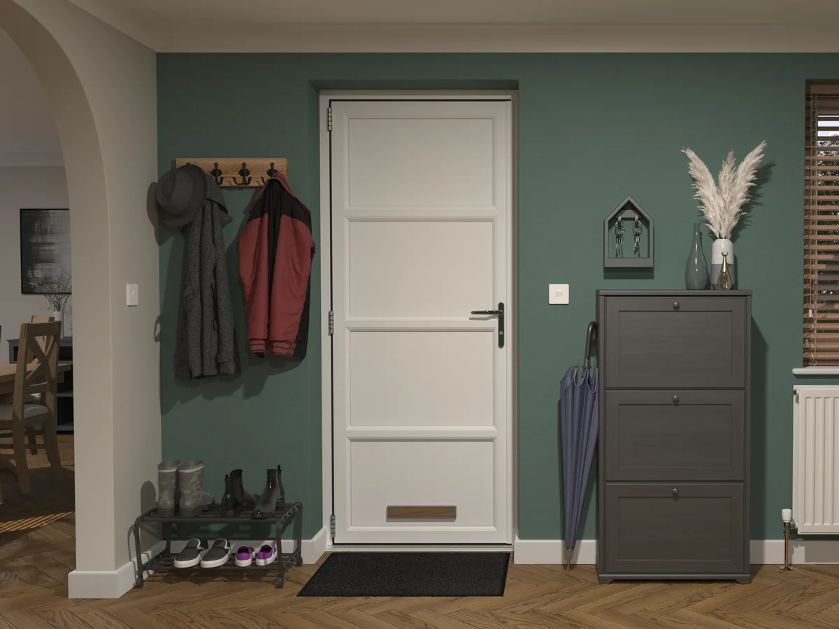 White panelled uPVC front door seen from a green hallway with coat hooks and a shoe cabinet