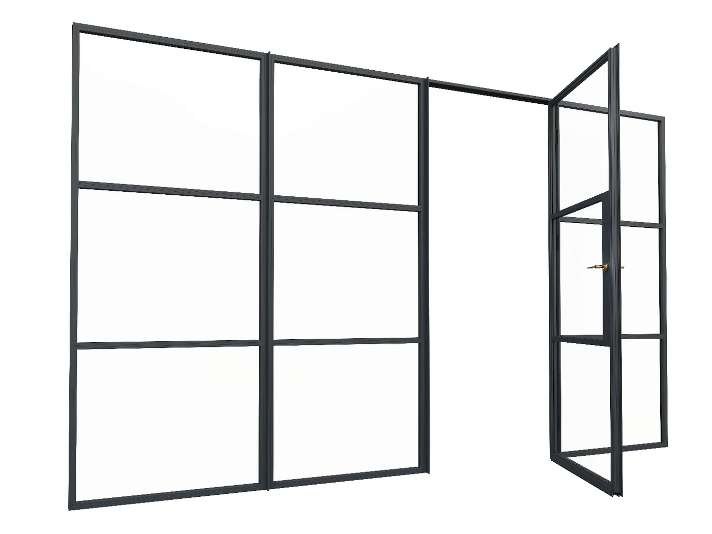 Dark grey slim-framed aluminium glazed screen with an open hinged glass door and brass lever handle