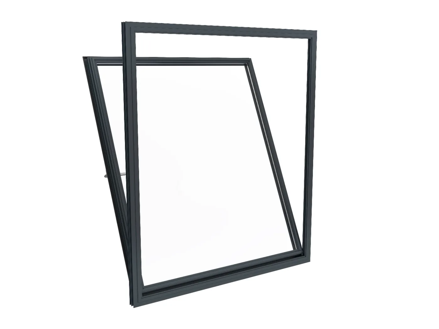 Anthracite grey aluminium tilt and turn window with the sash tilted inward for ventilation